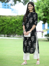 Women's Black Rayon Slub Bandhani Straight Kurta